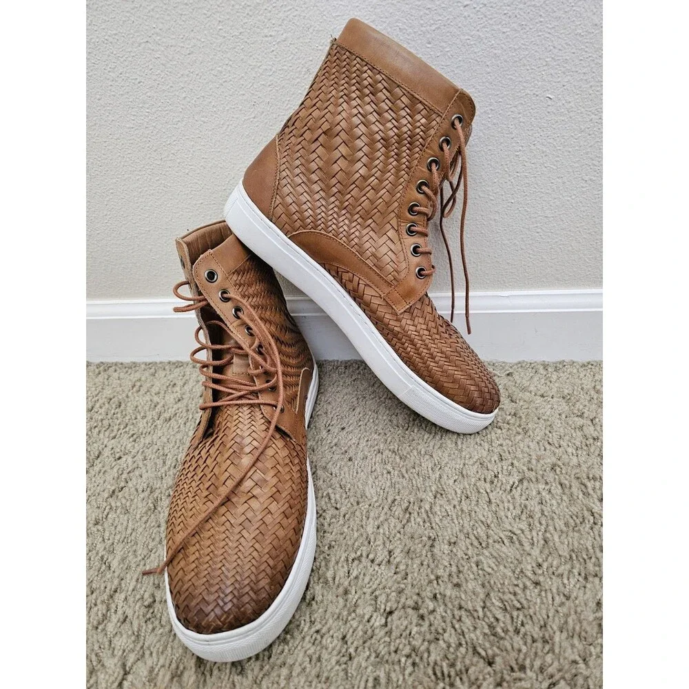 Marc Nolan Magnus Woven Leather High Top Sneakers Boots Cognac Tan Mens Size 8